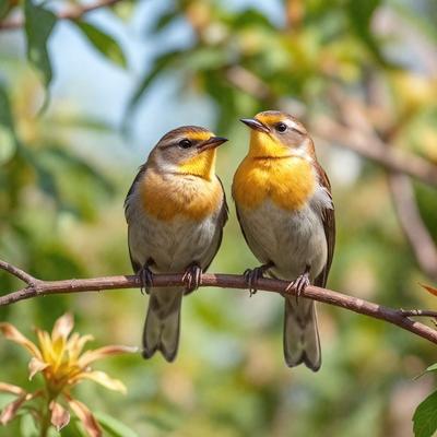 The primary subject of the image is two small birds perched on a tree branch. The birds are facing each other, possibly engaging in a conversation or interaction. The setting is a tree with green leaves, providing a natural and serene backdrop for the scene. The visual style of the image is a photo, capturing the birds in their natural habitat. The colors and mood of the image are predominantly green, with the birds being the main focus and the tree branch providing a sense of calmness and tranquility.